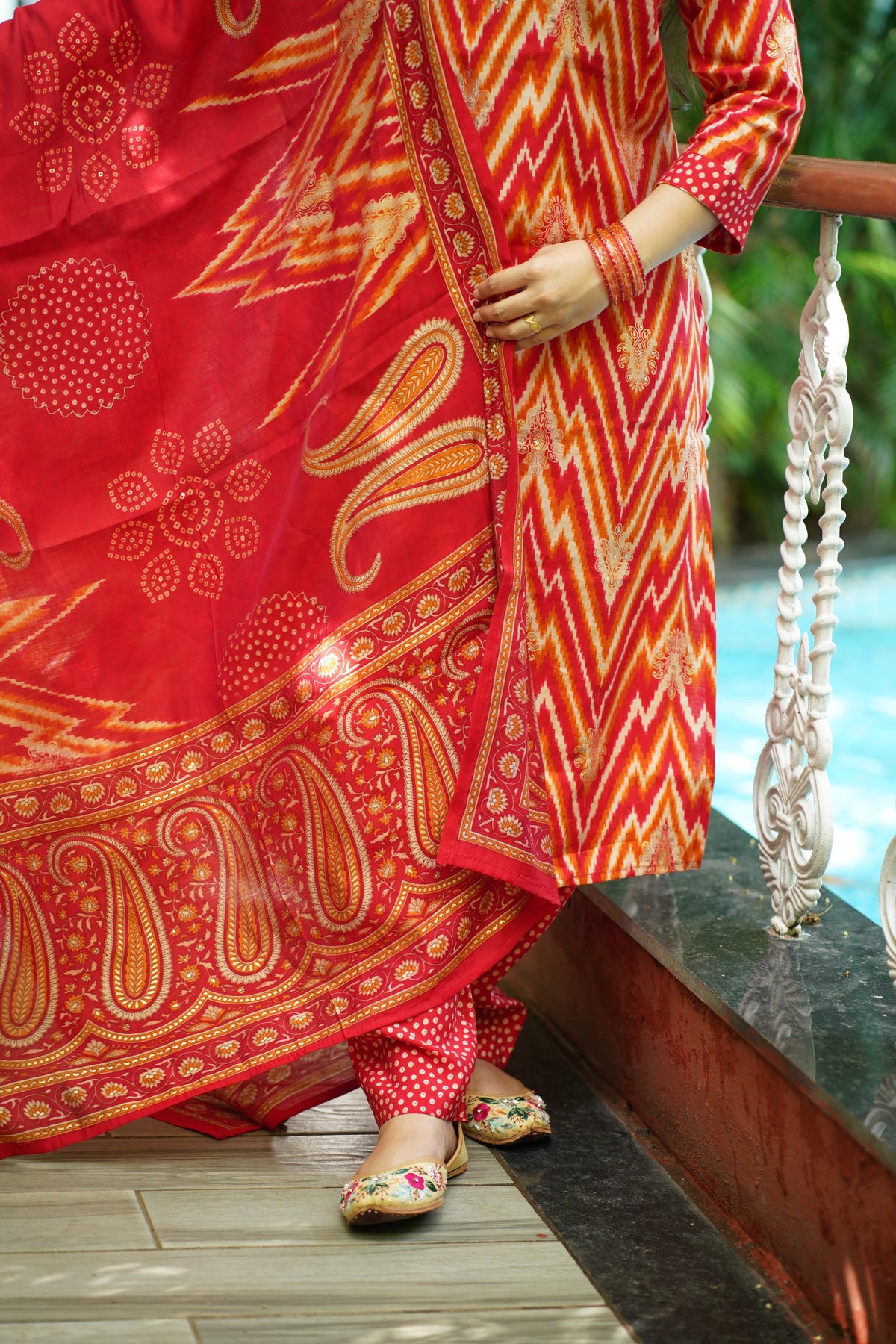 Red Chevron Zigzag Print Suit with Mirror Embellished Neckline – 3-Piece Set