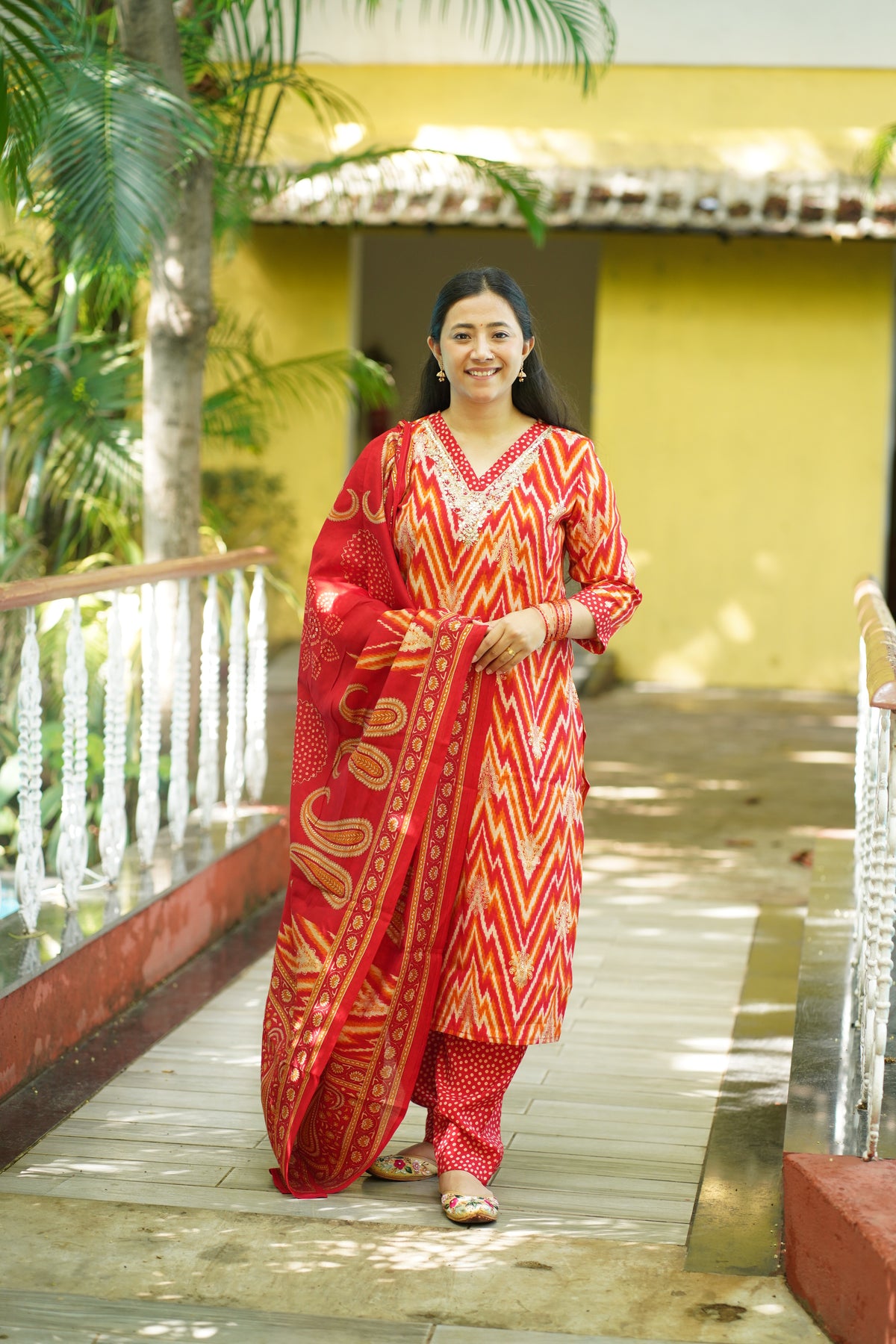 Red Chevron Zigzag Print Suit with Mirror Embellished Neckline – 3-Piece Set