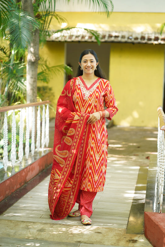 Red Chevron Zigzag Print Suit with Mirror Embellished Neckline – 3-Piece Set