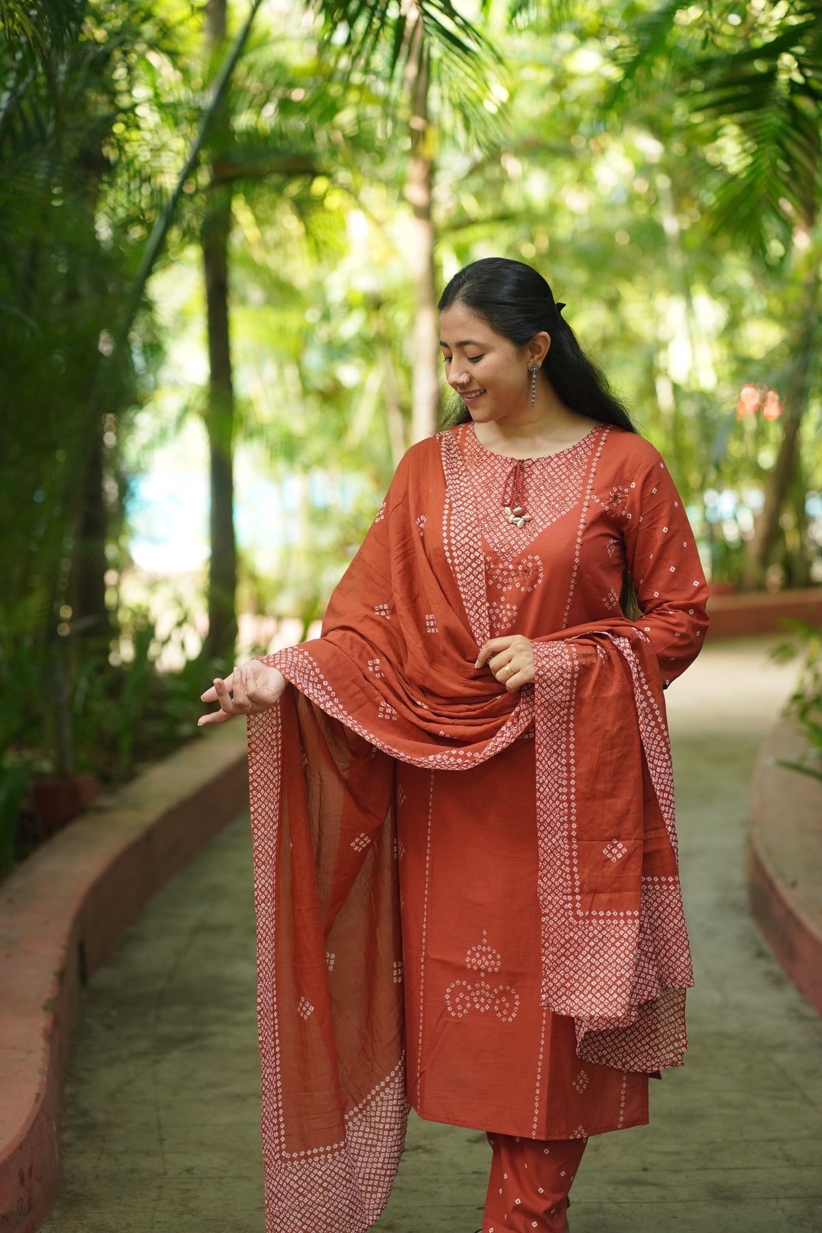 RUST BANDHANI PRINT 3 Piece Suit Set with Mirror Work