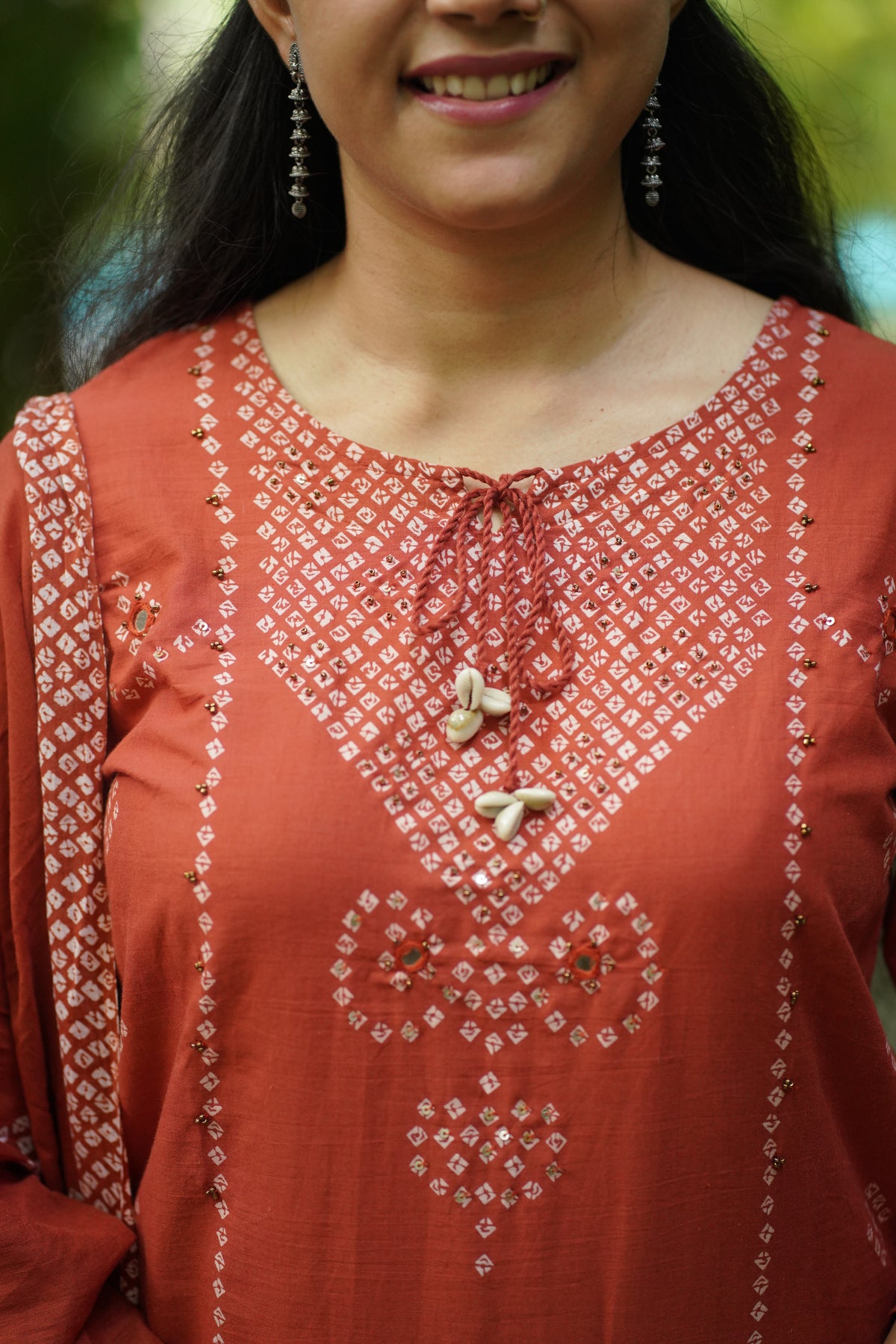 RUST BANDHANI PRINT 3 Piece Suit Set with Mirror Work