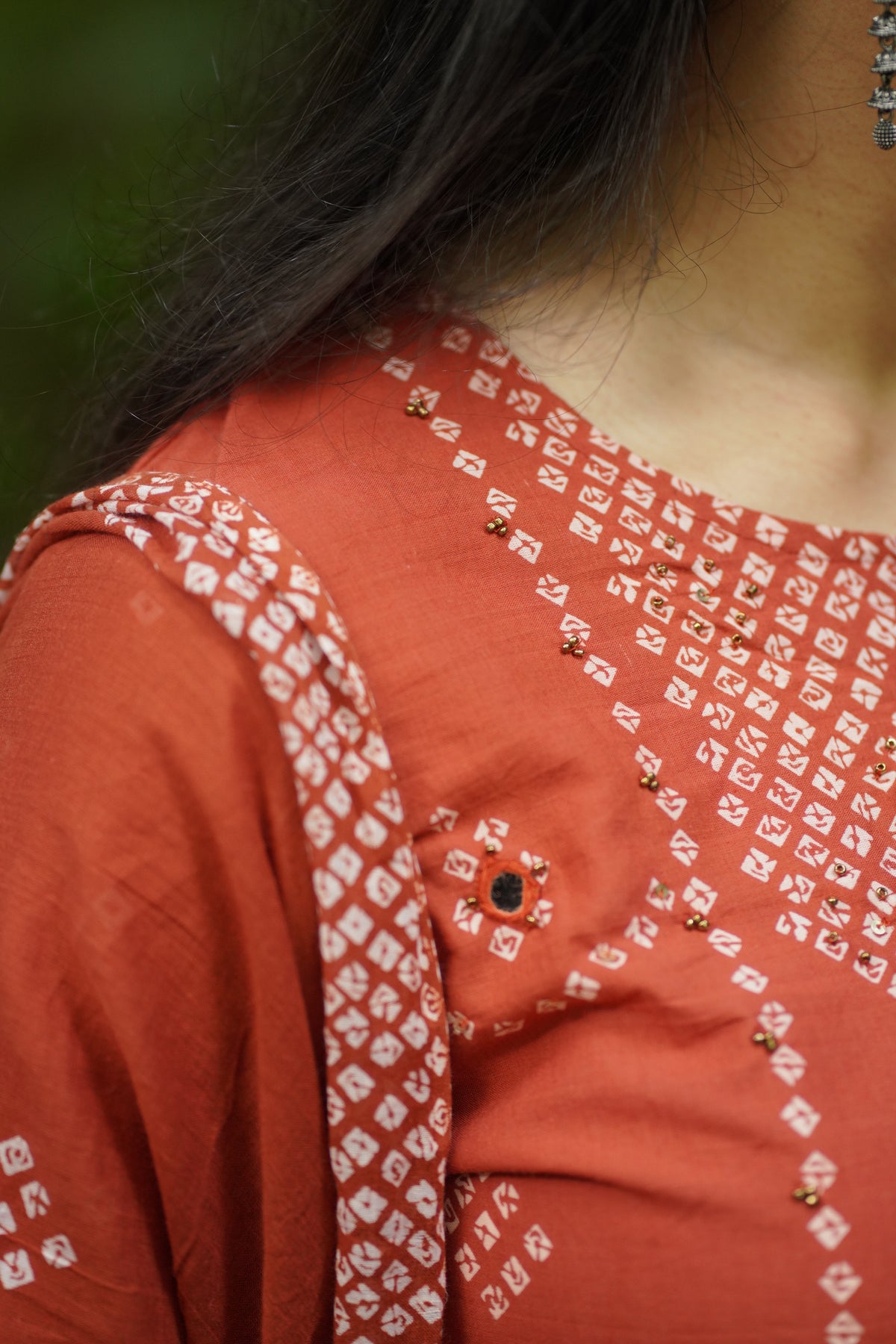 RUST BANDHANI PRINT 3 Piece Suit Set with Mirror Work