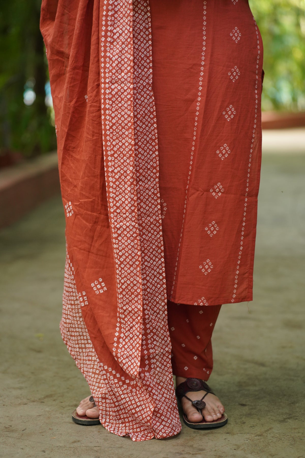 RUST BANDHANI PRINT 3 Piece Suit Set with Mirror Work