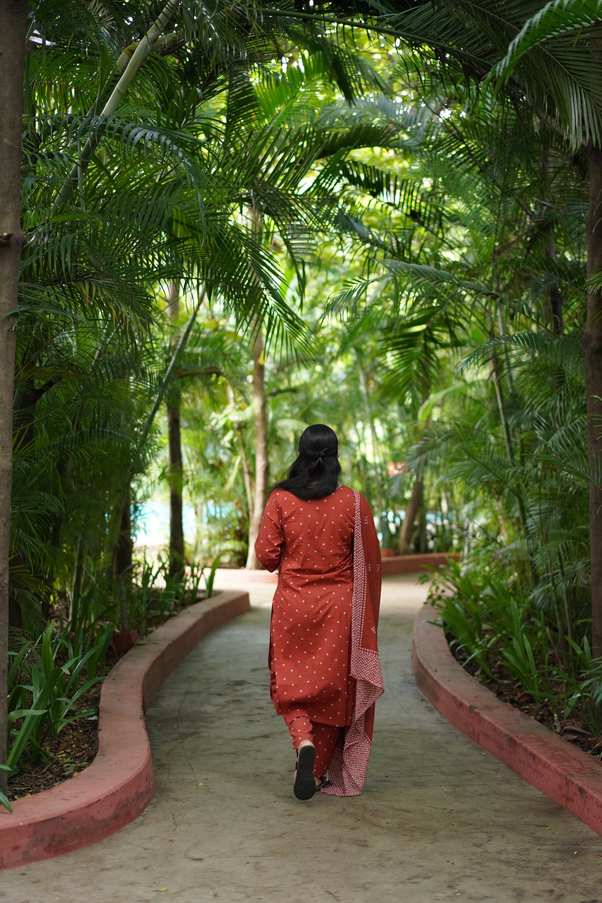 RUST BANDHANI PRINT 3 Piece Suit Set with Mirror Work