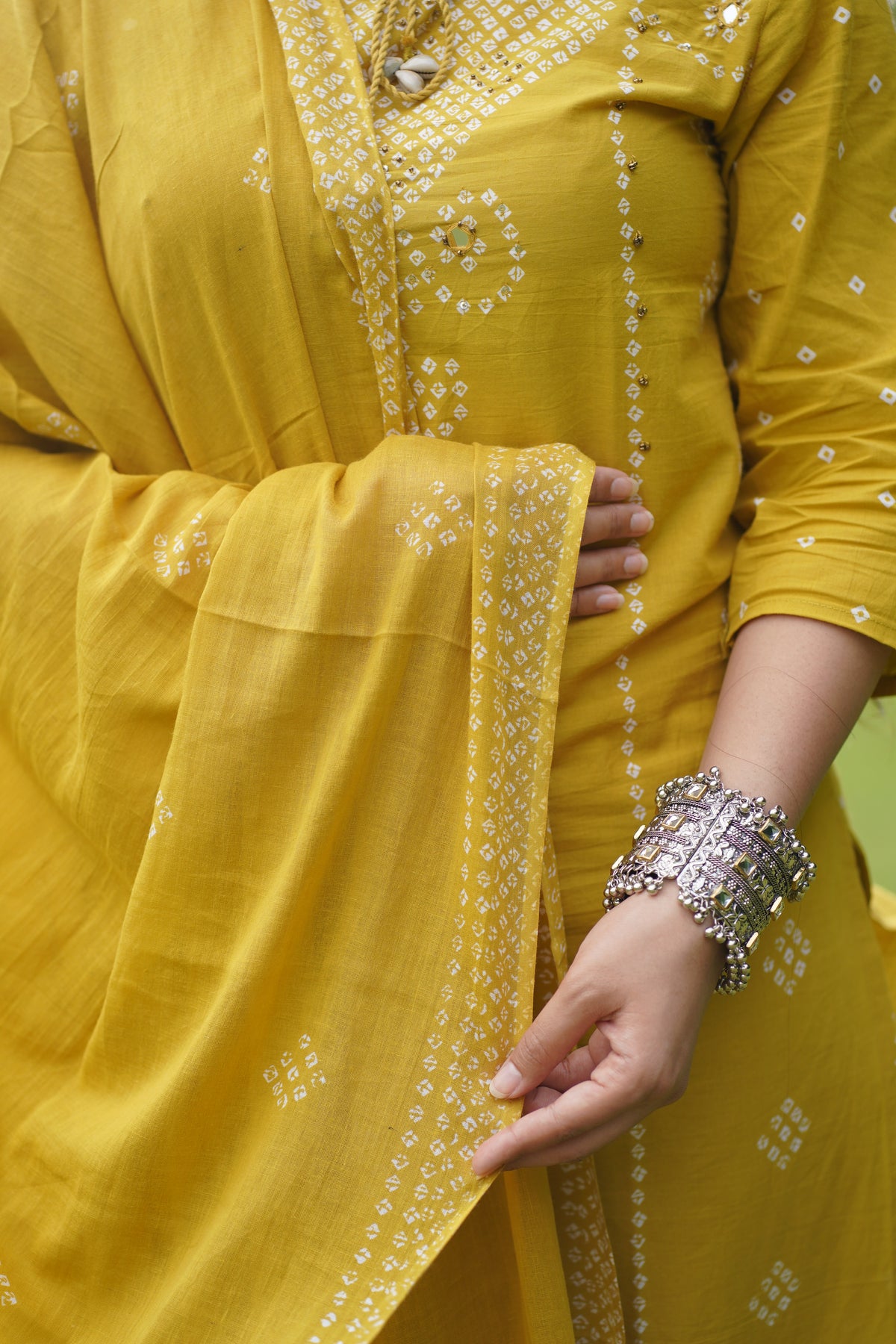 MUSTARD YELLOW BANDHANI Print 3 Piece Suit Set with Mirror Work