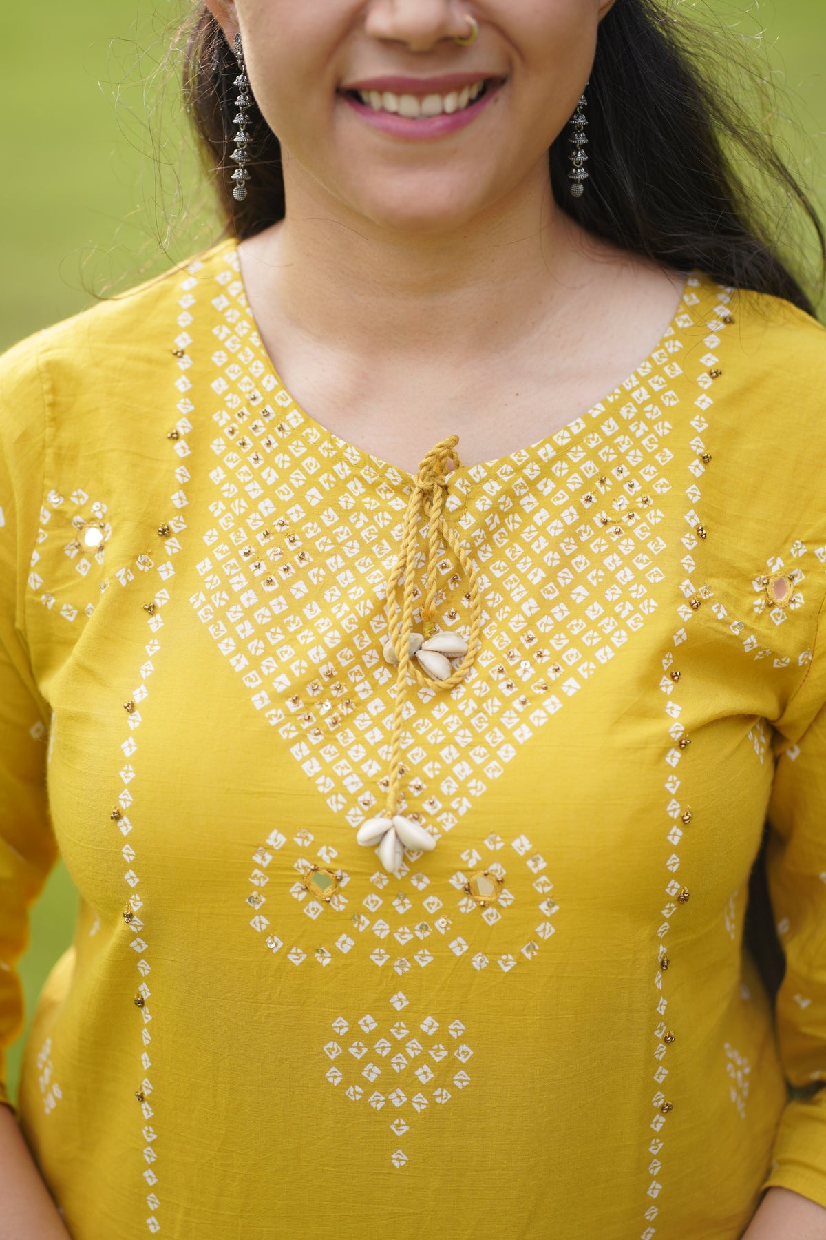 MUSTARD YELLOW BANDHANI Print 3 Piece Suit Set with Mirror Work