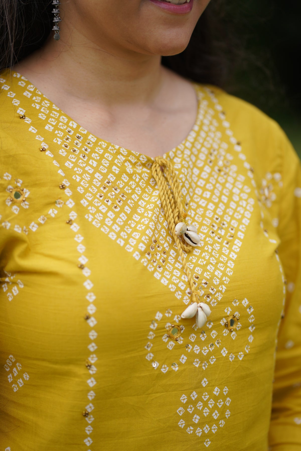 MUSTARD YELLOW BANDHANI Print 3 Piece Suit Set with Mirror Work